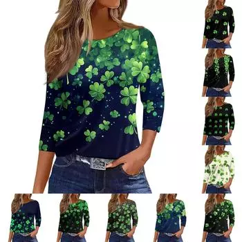 Женские топы с рукавами 3/4, цветочный принт, винтажная мода, повседневные свободные рубашки с круглым вырезом больших размеров L армия зеленый