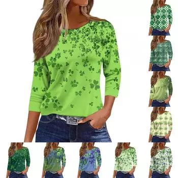 Женские топы с рукавами 3/4, цветочный принт, винтажная мода, повседневные свободные рубашки с круглым вырезом больших размеров L армия зеленый