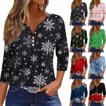 Женские топы с рукавами 3/4, цветочным рождественским принтом, винтажная мода, повседневные свободные рубашки с V-образным вырезом больших размеров S