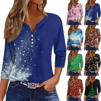 Женские топы с рукавами 3/4, цветочным рождественским принтом, винтажная мода, повседневные свободные рубашки с V-образным вырезом больших размеров XXL розовый