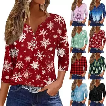 Женские топы с рукавами 3/4, цветочным рождественским принтом, винтажная мода, повседневные свободные рубашки с V-образным вырезом больших размеров XL розовый