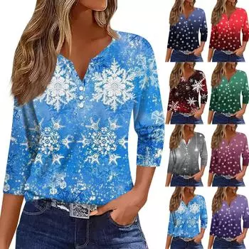 Женские топы с рукавами 3/4, цветочным рождественским принтом, винтажная мода, повседневные свободные рубашки с V-образным вырезом больших размеров L