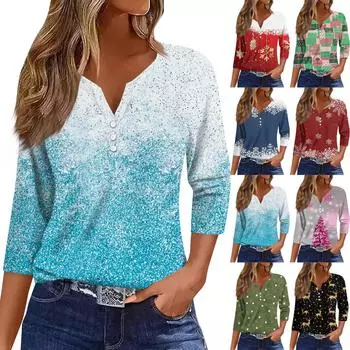 Женские топы с рукавами 3/4, цветочным рождественским принтом, винтажная мода, повседневные свободные рубашки с V-образным вырезом больших размеров S