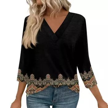 Женские топы с рукавами 3/4 и V-образным вырезом, повседневные туники, базовые рубашки, блузки свободного кроя L чёрный