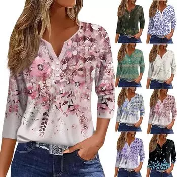 Женские топы с рукавами 3/4 и цветочным принтом, винтажные модные повседневные свободные рубашки с v-образным вырезом, рубашки больших размеров L