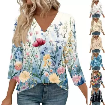 Женские топы с рукавами 3/4 и V-образным вырезом, повседневные туники, базовые рубашки, блузки свободного кроя L бежевый