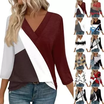 Женские топы с рукавами 3/4 и V-образным вырезом, повседневные туники, базовые рубашки, блузки свободного кроя L бежевый