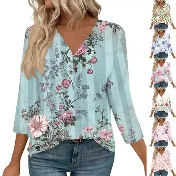 Женские топы с рукавами 3/4 и V-образным вырезом, повседневные туники, базовые рубашки, блузки свободного кроя L бежевый