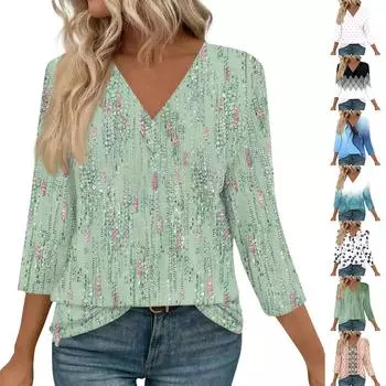 Женские топы с рукавами 3/4 и V-образным вырезом, повседневные туники, базовые рубашки, блузки свободного кроя L чёрный