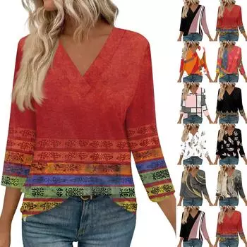 Женские топы с рукавами 3/4 и V-образным вырезом, повседневные туники, базовые рубашки, блузки свободного кроя L чёрный