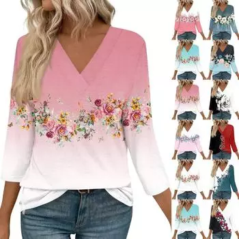 Женские топы с рукавами 3/4 и V-образным вырезом, повседневные туники, базовые рубашки, блузки свободного кроя L чёрный