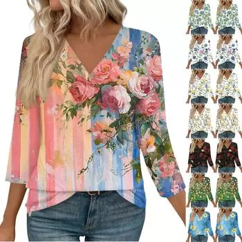 Женские топы с рукавами 3/4 и V-образным вырезом, повседневные туники, базовые рубашки, блузки свободного кроя L чёрный