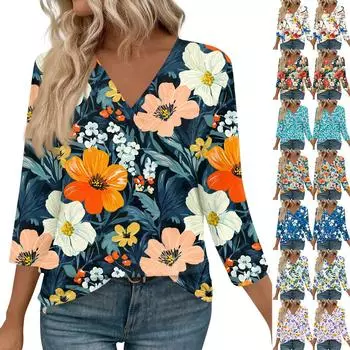 Женские топы с рукавами 3/4 и V-образным вырезом, повседневные туники, базовые рубашки, блузки свободного кроя L синий