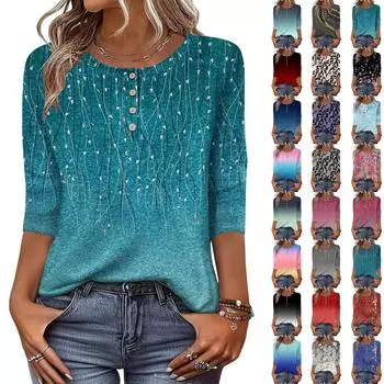 Женские топы с рукавами 3/4 и цветочным принтом, рубашки с застежкой на пол-пуговицы, летняя блузка с круглым вырезом M циан