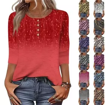 Женские топы с рукавами 3/4 и цветочным принтом, рубашки с застежкой на пол-пуговицы, летняя блузка с круглым вырезом S чёрный