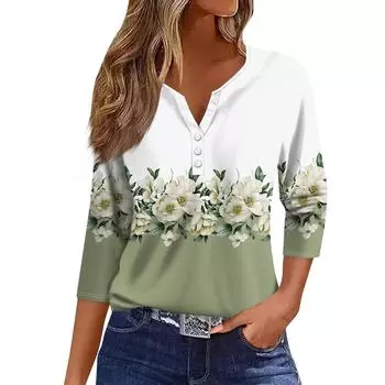 Женские топы с рукавами 3/4 и цветочным принтом, винтажные модные повседневные свободные рубашки с v-образным вырезом, рубашки больших размеров S хаки