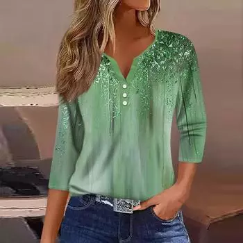 Женские топы с рукавами 3/4 и цветочным принтом, винтажные модные повседневные свободные рубашки с v-образным вырезом, рубашки больших размеров S хаки
