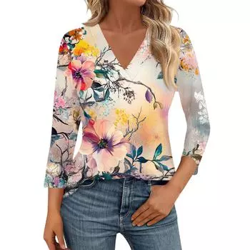 Женские топы с рукавами 3/4 и V-образным вырезом, повседневные туники, базовые рубашки, блузки свободного кроя S синий