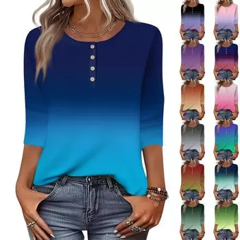 Женские топы с рукавами 3/4 и цветочным принтом, рубашки с застежкой на пол-пуговицы, летняя блузка с круглым вырезом XL синий