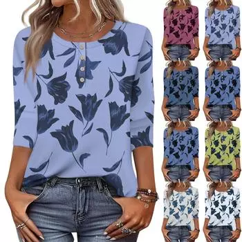 Женские топы с рукавами 3/4 и цветочным принтом, рубашки с застежкой на пол-пуговицы, летняя блузка с круглым вырезом XXL