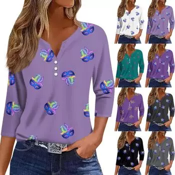 Женские топы с рукавами 3/4, карнавальный принт, винтажная мода, повседневные свободные рубашки с V-образным вырезом больших размеров L чёрный