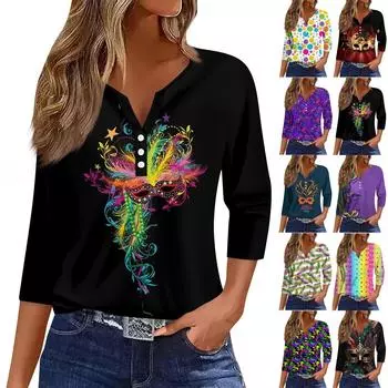 Женские топы с рукавами 3/4, карнавальный принт, винтажная мода, повседневные свободные рубашки с V-образным вырезом больших размеров XXL