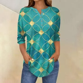 Женские топы с рукавами 3/4, летние футболки с цветочным принтом и V-образным вырезом, повседневные базовые футболки с пуговицами, туники L темно-зеленого
