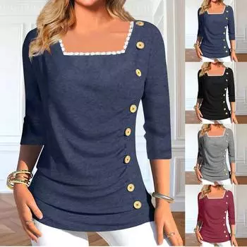 Женские топы с рукавами 3/4 Летние тонкие повседневные топы с кружевной отделкой Футболка Пуловеры с квадратным вырезом Футболки Летние топы Топы с рукавами три четверти L чёрный