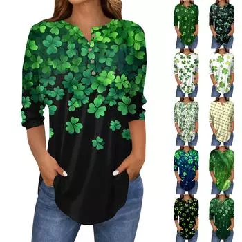 Женские топы с рукавами 3/4, летние футболки с принтом и V-образным вырезом, повседневные базовые футболки, рубашки на пуговицах, туники, топы St. День Патрика L армия зеленый