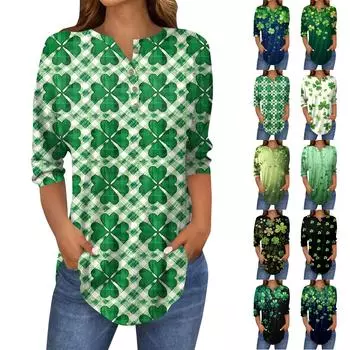 Женские топы с рукавами 3/4, летние футболки с принтом и V-образным вырезом, повседневные базовые футболки, рубашки на пуговицах, туники, топы St. День Патрика L армия зеленый