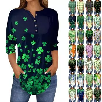 Женские топы с рукавами 3/4, летние футболки с принтом и V-образным вырезом, повседневные базовые футболки, рубашки на пуговицах, туники, топы St. День Патрика L бежевый