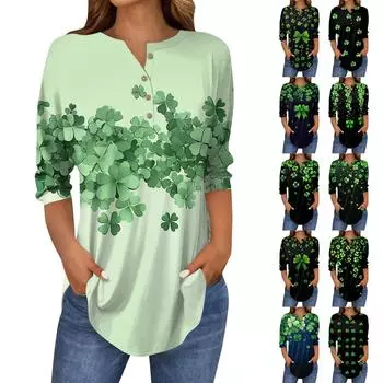 Женские топы с рукавами 3/4, летние футболки с принтом и V-образным вырезом, повседневные базовые футболки, рубашки на пуговицах, туники, топы St. День Патрика L армия зеленый