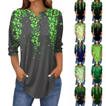 Женские топы с рукавами 3/4, летние футболки с принтом и V-образным вырезом, повседневные базовые футболки, рубашки на пуговицах, туники, топы St. День Патрика L армия зеленый