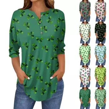 Женские топы с рукавами 3/4, летние футболки с принтом и V-образным вырезом, повседневные базовые футболки, рубашки на пуговицах, туники, топы St. День Патрика L чёрный