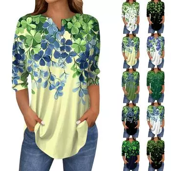 Женские топы с рукавами 3/4, летние футболки с принтом и V-образным вырезом, повседневные базовые футболки, рубашки на пуговицах, туники, топы St. День Патрика L чёрный