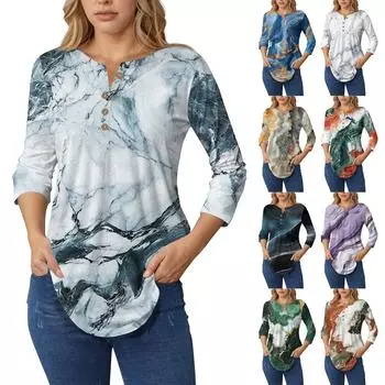 Женские топы с рукавами 3/4, летние футболки с цветочным принтом и V-образным вырезом, повседневные базовые футболки с пуговицами, туники L армия зеленый