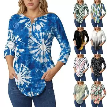 Женские топы с рукавами 3/4, летние футболки с цветочным принтом и V-образным вырезом, повседневные базовые футболки с пуговицами, туники L зелёный