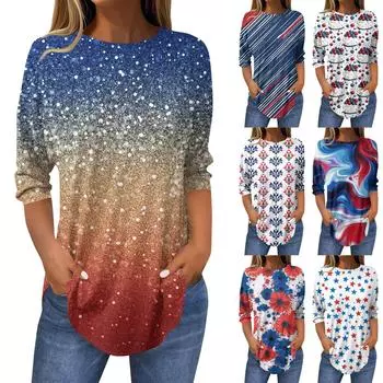 Женские топы с рукавами 3/4, летние футболки с принтом и круглым вырезом, повседневные базовые футболки с пуговицами, туники XXXL киноварь