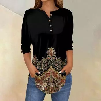 Женские топы с рукавами 3/4, летние футболки с цветочным принтом и V-образным вырезом, повседневные базовые футболки с пуговицами, туники S светло-розовый