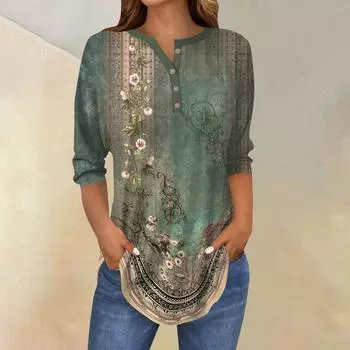 Женские топы с рукавами 3/4, летние футболки с цветочным принтом и V-образным вырезом, повседневные базовые футболки с пуговицами, туники S небесно-голубой