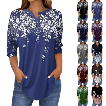 Женские топы с рукавами 3/4, летние футболки с цветочным принтом и V-образным вырезом, повседневные базовые футболки с пуговицами, туники S