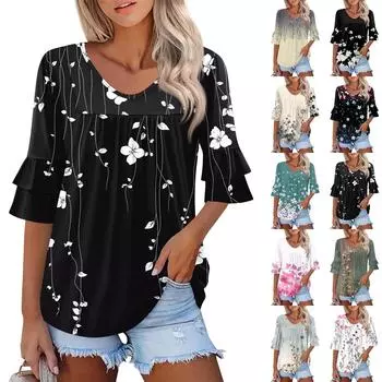 Женские топы с рукавами 3/4, нарядные повседневные блузки, свободные туники с рукавами-колокольчиками и оборками, футболки с V-образным вырезом XL чёрный
