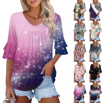 Женские топы с рукавами 3/4, нарядные повседневные блузки, свободные туники с рукавами-колокольчиками и оборками, футболки с V-образным вырезом M фиолетовый