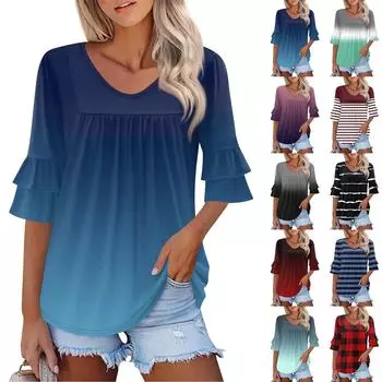 Женские топы с рукавами 3/4, нарядные повседневные блузки, свободные туники с рукавами-колокольчиками и оборками, футболки с V-образным вырезом L чёрный