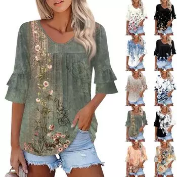 Женские топы с рукавами 3/4, нарядные повседневные блузки, свободные туники с рукавами-колокольчиками и оборками, футболки с V-образным вырезом S хаки