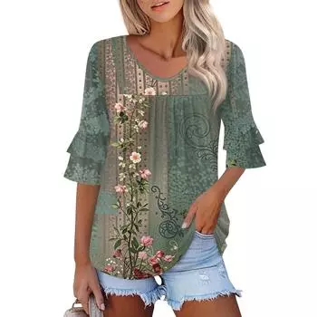 Женские топы с рукавами 3/4, нарядные повседневные блузки, свободные туники с рукавами-колокольчиками и оборками, футболки с V-образным вырезом S белый