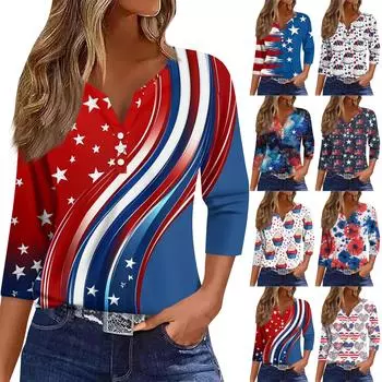 Женские топы с рукавами 3/4, винтажный модный повседневный свободный с V-образным вырезом, рубашки больших размеров на День независимости XXL
