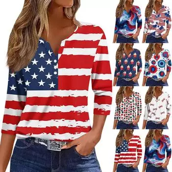 Женские топы с рукавами 3/4, винтажный модный повседневный свободный с V-образным вырезом, рубашки больших размеров на День независимости XXL белый