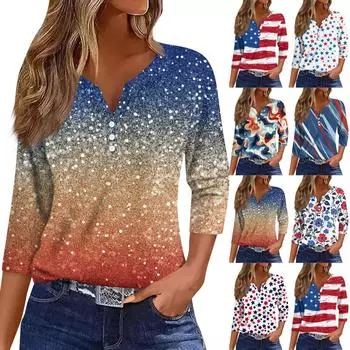 Женские топы с рукавами 3/4, винтажный модный повседневный свободный с V-образным вырезом, рубашки больших размеров на День независимости L
