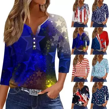 Женские топы с рукавами 3/4, винтажный модный повседневный свободный с V-образным вырезом, рубашки больших размеров на День независимости XL чёрный